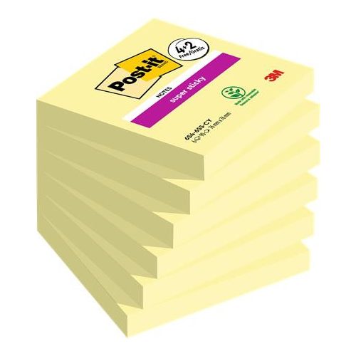 Öntapadó jegyzettömb, 76x76 mm, 6x90 lap, 3M POSTIT "Super Sticky", kanári sárga