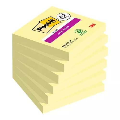 Öntapadó jegyzettömb, 76x76 mm, 6x90 lap, 3M POSTIT "Super Sticky", kanári sárga