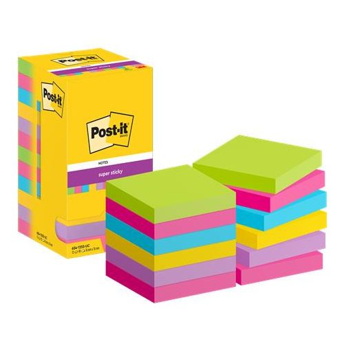 Öntapadó jegyzettömb, 76x76 mm, 12x90 lap, 3M POSTIT "Super Sticky", vegyes