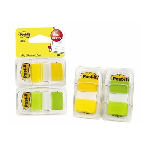 Jelölőcímke, műanyag, 2x50 lap, 25x43 mm, 3M POSTIT, sárga és zöld