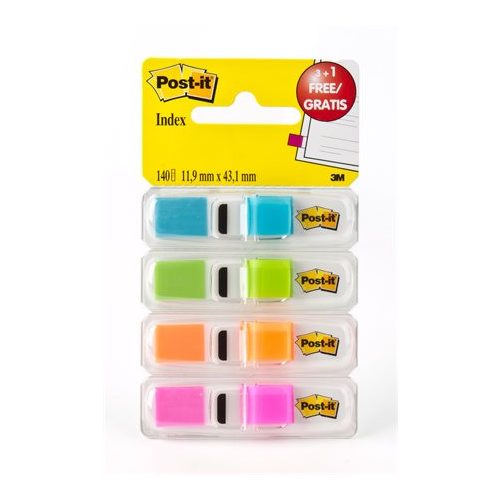 Jelölőcímke adagolóban, műanyag, 4x35 lap, 12x43 mm, 3M POSTIT, élénk színek