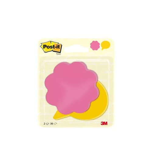 Öntapadó jegyzettömb, virág/szövegbuborék alakú, 72,5x72,5 mm, 60 lap, 3M POSTIT, rózsaszín-sárga