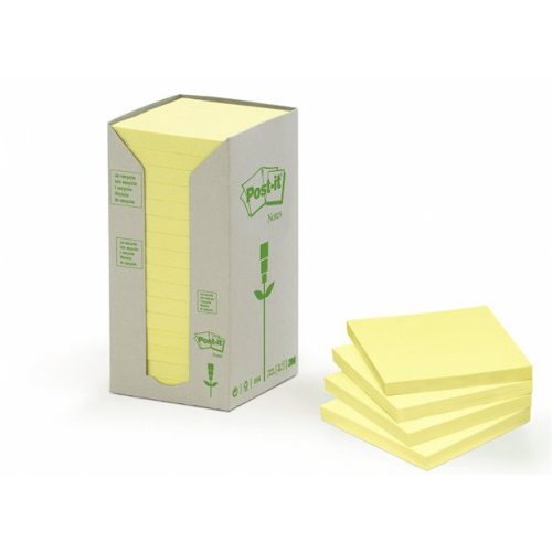 Öntapadó jegyzettömb, 76x76 mm, 16x100 lap, környezetbarát, 3M POSTIT, sárga