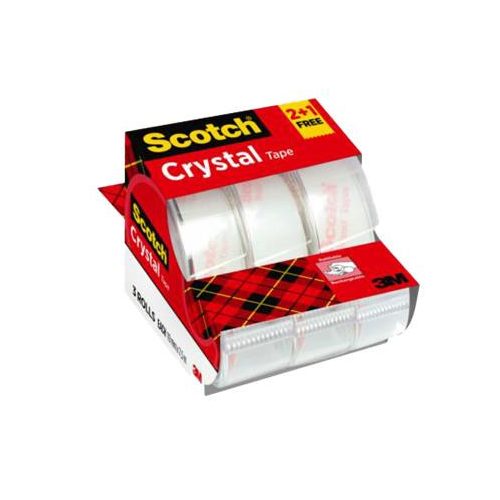 Ragasztószalag adagolón, kézi, 19 mm x 7,5 m, 3M SCOTCH "Crystal", 2+1 akció