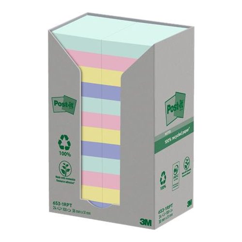 Öntapadó jegyzettömb, 38x51 mm, 24x100 lap, környezetbarát, 3M POSTIT "Nature", vegyes pasztell színek