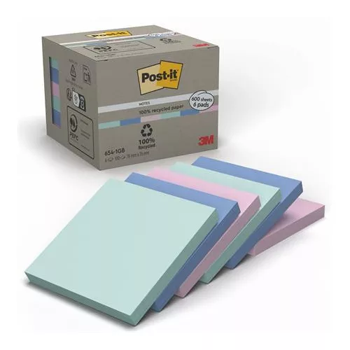 Öntapadó jegyzettömb, 76x76 mm, 6x100 lap, környezetbarát, 3M POSTIT "Nature", vegyes pasztell színek
