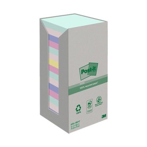 Öntapadó jegyzettömb, 76x76 mm, 16x100 lap, környezetbarát, 3M POSTIT "Nature", vegyes pasztell színek