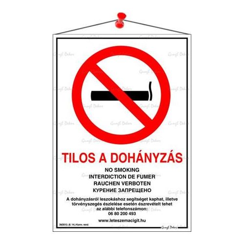 Információs tábla, 21x30 cm, többnyelvű, "Tilos a dohányzás!"