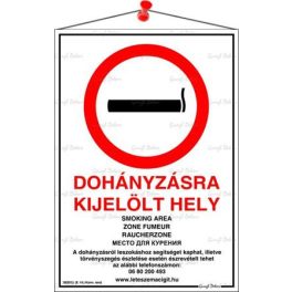   Információs tábla, 21x31 cm, többnyelvű, "Dohányzásra kijelölt hely"