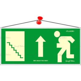   Információs tábla, 25x11,5 cm, fluoreszkáló, utánvilágítós, "Menekülési irány fel, lépcső balra"
