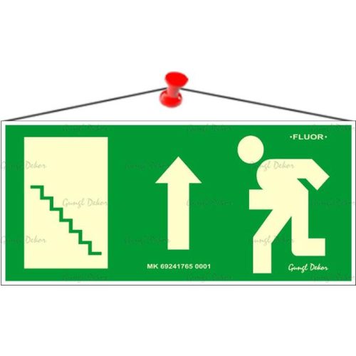 Információs tábla, 25x11,5 cm, fluoreszkáló, utánvilágítós, "Menekülési irány fel, lépcső balra"