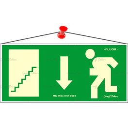  Információs tábla, 25x11,5 cm, fluoreszkáló, utánvilágítós, "Menekülési irány le, lépcső balra"