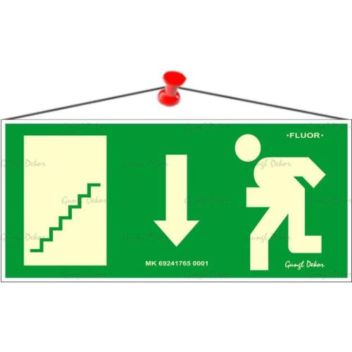 Információs tábla, 25x11,5 cm, fluoreszkáló, utánvilágítós, "Menekülési irány le, lépcső balra"