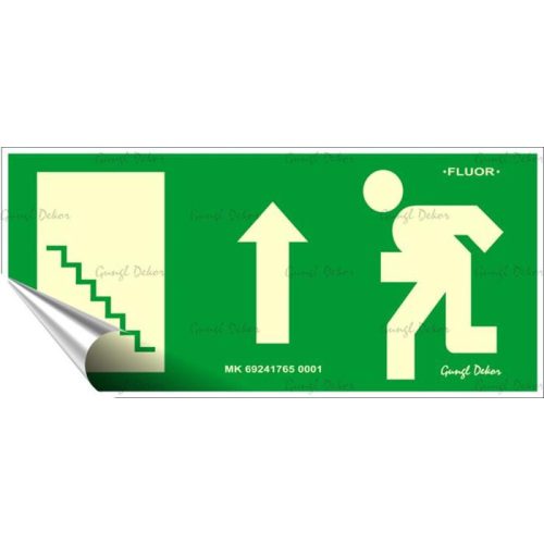 Információs matrica, 25x11,5 cm, fluoreszkáló, utánvilágítós, "Menekülési irány fel, lépcső balra"