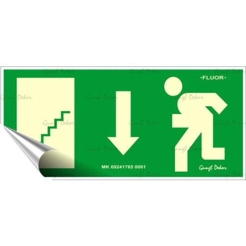 Információs matrica, 25x11,5 cm, fluoreszkáló, utánvilágítós, "Menekülési irány le, lépcső balra"