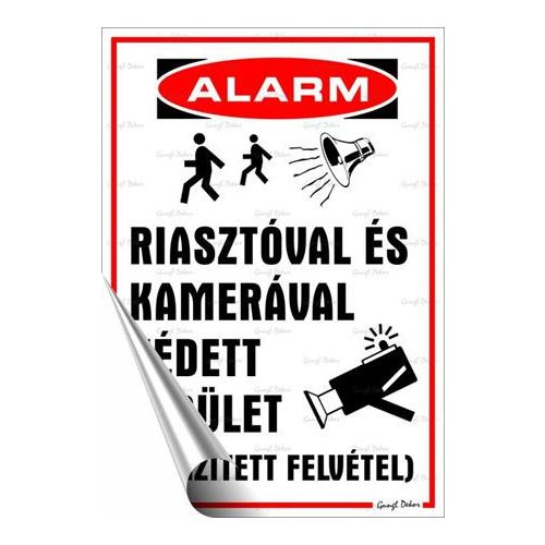 Információs matrica, 25x17,5 cm, "Riasztóval és kamerával védett terület"