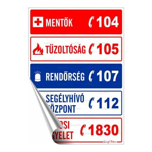Információs matrica, 25x17,5 cm, "Segélyhívószámok"