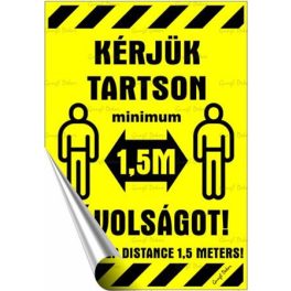   Információs matrica, 11,6x16,6 cm, kétnyelvű, "Kérjük tartson mininum 1,5 m távolságot!"