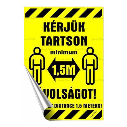 Információs matrica, 11,6x16,6 cm, kétnyelvű, "Kérjük tartson mininum 1,5 m távolságot!"