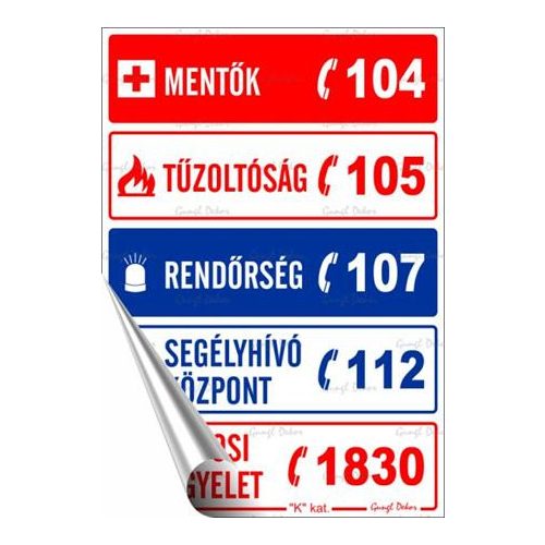 Információs matrica, 11,6x16,6 cm, "Segélyhívószámok"