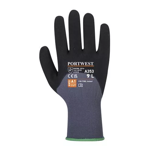 Védőkesztyű, nylon, nitrilhab, L méret "DermiFlex Ultra Plus", szürke-fekete
