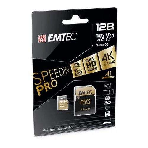Memóriakártya, microSDXC, 128GB, UHS-I/U3/V30/A2, 100/95 MB/s, adapter, EMTEC "SpeedIN"