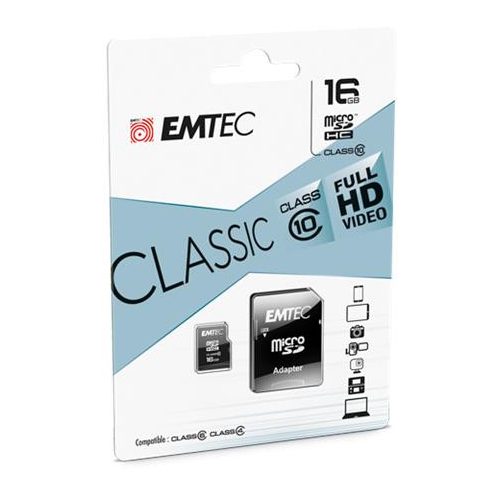 Memóriakártya, microSDHC, 16GB, CL10, 20/12 MB/s, adapter, EMTEC "Classic"