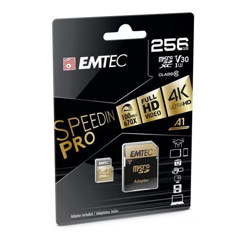 Memóriakártya, microSDXC, 256GB, UHS-I/U3/V30/A2, 100/95 MB/s, adapter, EMTEC "SpeedIN"