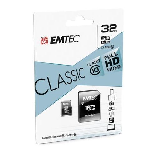 Memóriakártya, microSDHC, 32GB, CL10, 20/12 MB/s, adapter, EMTEC "Classic"