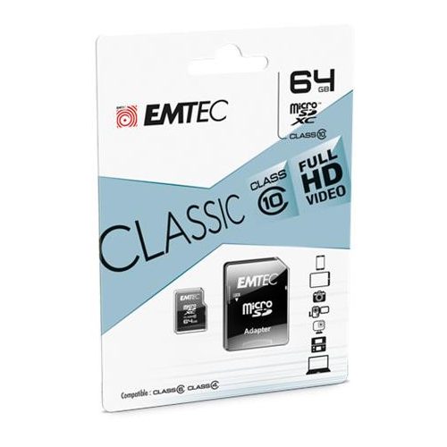 Memóriakártya, microSDXC, 64GB, CL10, 20/12 MB/s, adapter, EMTEC "Classic"
