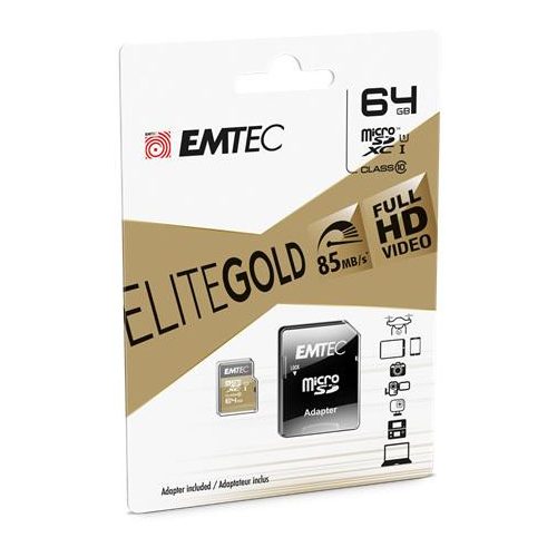Memóriakártya, microSDXC, 64GB, UHS-I/U1, 85/20 MB/s, adapter, EMTEC "Elite Gold"
