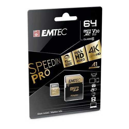 Memóriakártya, microSDXC, 64GB, UHS-I/U3/V30/A2, 100/95 MB/s, adapter, EMTEC "SpeedIN"