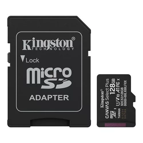 Memóriakártya, microSDXC, 128GB, C10/UHS-I/U1/V10/A1, Gen3, adapter, KINGSTON "Canvas Select Plus"