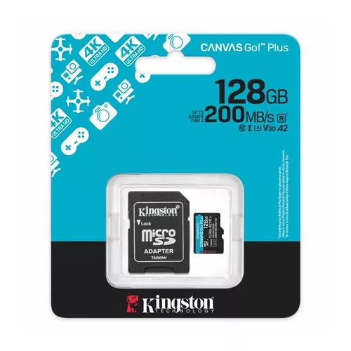 Memóriakártya, microSDXC, 128GB, C10/UHS-I/U3/V30/A2, Gen4, adapter, KINGSTON "Canvas Go! Plus"