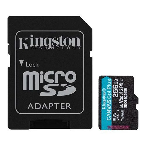 Memóriakártya, microSDXC, 256GB, C10/UHS-I/U3/V30/A2, Gen4, adapter, KINGSTON "Canvas Go! Plus"