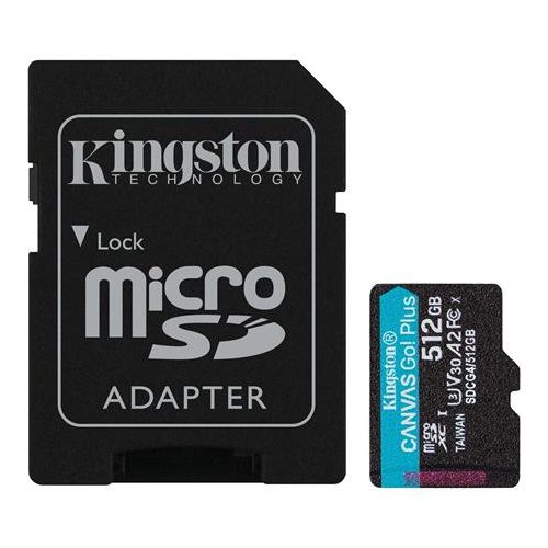 Memóriakártya, microSDXC, 512GB, C10/UHS-I/U3/V30/A2, Gen4, adapter, KINGSTON "Canvas Go! Plus"