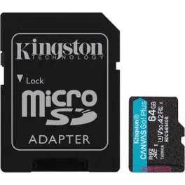   Memóriakártya, microSDXC, 64GB, C10/UHS-I/U3/V30/A2, Gen4, adapter, KINGSTON "Canvas Go! Plus"