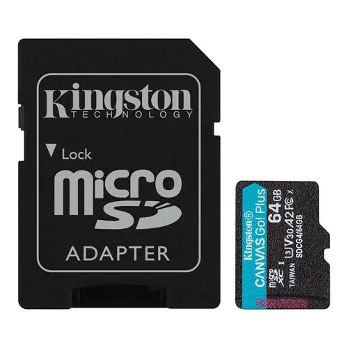 Memóriakártya, microSDXC, 64GB, C10/UHS-I/U3/V30/A2, Gen4, adapter, KINGSTON "Canvas Go! Plus"