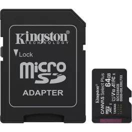   Memóriakártya, microSDXC, 64GB, C10/UHS-I/U1/V10/A1, Gen3, adapter, KINGSTON "Canvas Select Plus"