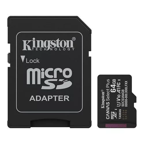Memóriakártya, microSDXC, 64GB, C10/UHS-I/U1/V10/A1, Gen3, adapter, KINGSTON "Canvas Select Plus"