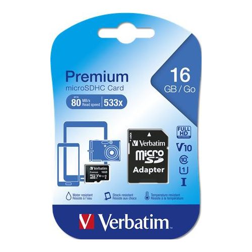 Memóriakártya, microSDHC, 16GB, CL10/U1, 45/10 MB/s, adapter, VERBATIM "Premium"