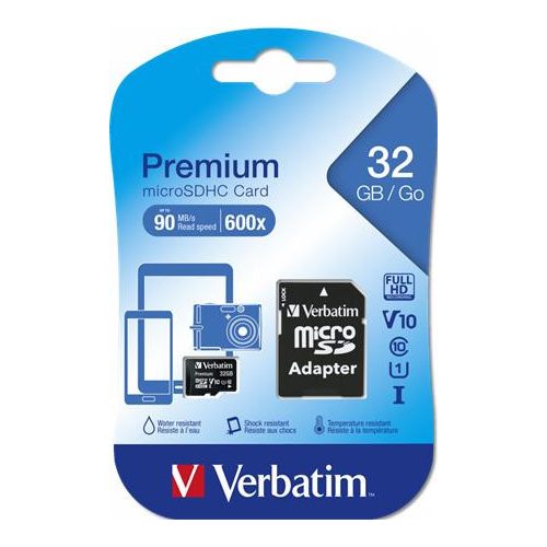 Memóriakártya, microSDHC, 32GB, CL10/U1, 90/10 MB/s, adapter, VERBATIM "Premium"