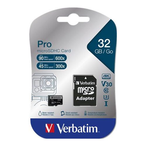 Memóriakártya, microSDHC, 32GB, CL10/U3, 90/45 MB/s, adapter, VERBATIM "PRO"