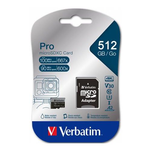 Memóriakártya, microSDXC, 512GB, CL10/U3/A2, 100/90 MB/s, adapter, VERBATIM "PRO"