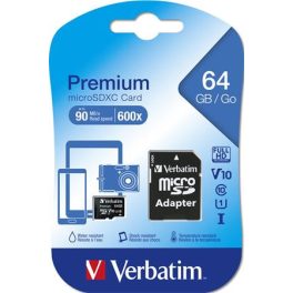   Memóriakártya, microSDXC, 64GB, CL10/U1, 90/10 MB/s, adapter, VERBATIM "Premium"