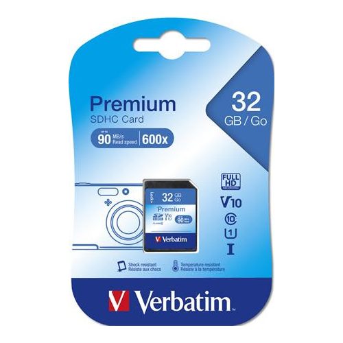 Memóriakártya, SDHC, 32GB, CL10/U1, 90/10 MB/s, VERBATIM "Premium"