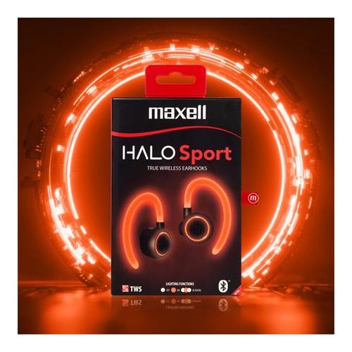 Fülhallgató, vezeték nélküli, Bluetooth, mikrofonnal, LED-es fülhallgató, MAXELL "Halo Sport", fekete