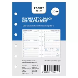   Kalendárium betét, tervező, Filofaxhoz, pocket méret, heti, 1 hét/2 oldal, 2026