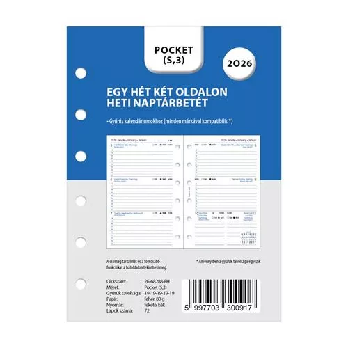 Kalendárium betét, tervező, Filofaxhoz, pocket méret, heti, 1 hét/2 oldal, 2026