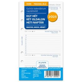   Kalendárium betét, tervező, Filofaxhoz, personal méret, heti, 1 hét/2 oldal, 2025